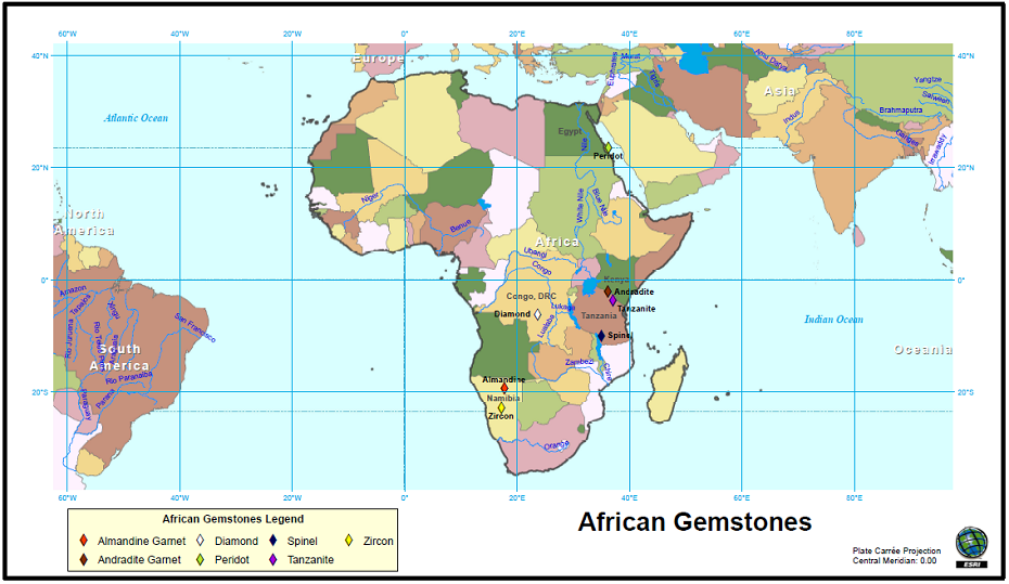 Screenshot of Africa Gemstone map from ArcMap PDF prepared by authors