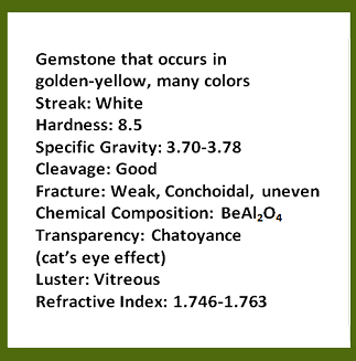 Description of gemstone that occurs in golden-yellow, many colors; streak: white; hardness: 8.5; specific gravity: 3.70-3.78; cleavage: good; fracture: weak, conchoidal, uneven; chemical composition; beryllium aluminum oxide; transparency; Chatoyance (cat's eye effect); luster: vitreious; refractive index: 1.746-1.763. Rollover image is of the gemstone, chrysoberyl cat’s eye.