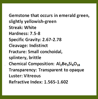 Description of gemstone that occurs in emerald green, slightly yellowish-green; streak: white; hardness: 7.5-8; specific gravity: 2.67-2.78; cleavage: indistinct; fracture: small conchoidal, splintery, brittle; chemical composition: aluminum beryllium silicate; transparency: transparent to opaque: luster: vitreous; refractive index: 1.567-1.602. Rollover image is of the gemstone, emerald.