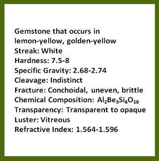 Description of gemstone that occurs in lemon-yellow, golden yellow; streak: white: hardness: 7.5-8; specific gravity: 2.68-2.75; cleavage: indistinct; fracture: conchoidal, uneven, brittle; chemical composition: aluminum beryllium silicate; transparency: transparent to opaque; luster: vitreous; refractive index: 1.564-1.596. Rollover image is of the gemstone, golden beryl.