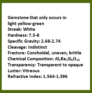 Description of gemstone that only occurs in light yellow-green; streak: white; hardness: 7.5-8; specific gravity: 2.68-2.74; cleavage: indistinct; fracture: conchoidal, uneven, brittle; chemical composition: aluminum beryllium silicate; transparency; transparent to opaque; luster: vitreous; refractive index: 1.567-1.596. Rollover image is of the gemstone, heliodor.