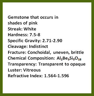 Description of gemstone that occurs in shades of pink; streak: white; hardness: 7.5-8; specific gravity: 2.71-2.90; cleavage: indistinct; fracture: conchoidal, uneven, brittle; chemical composition: aluminum beryllium silicate; transparency: transparent to opaque; luster: vitreous; refractive index: 1.564-1.596. Rollover image is of the gemstone, morganite.