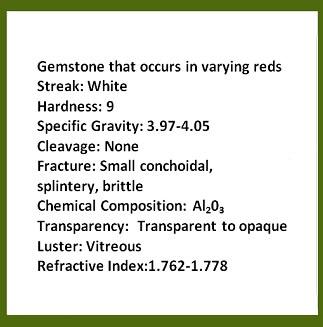 Description of gemstone that occurs in varying reds; streak: white; hardness: 9; specific gravity: 3.97-4.05; cleavage: none; fracture: small conchoidal, splintery, brittle; chemical composition: aluminum oxide; transparency: transparent to opaque; luster: vitreous; refractive index: 1.762-1.778. Rollover image is of the gemstone, ruby.