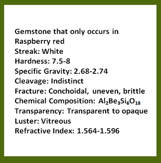 Description of gemstone that only occurs in raspberry red; streak: white; hardness: 7.5-8; specific gravity: 2.68-2.74; cleavage: indistinct; fracture: conchoidal, uneven, brittle; chemical composition: aluminum beryllium silicate; transparency: transparent to opaque; luster: vitreous; refractive index: 1.564-1.596. Rollover image is of the gemstone, red beryl.