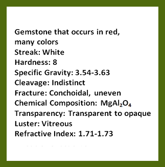 Description of gemstone that occurs in red, many colors; streak: white; hardness: 8; specific gravity: 3.54-3.63; cleavage: indistinct; fracture: conchoidal, uneven; chemical composition: magnesium aluminum oxide; transparency: transparent to opaque; luster: vitreous; refractive index: 1.71-1.73. Rollover image is of the gemstone, spinel.