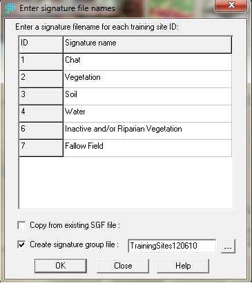 MakeSig module interface for creating signature files. This one is for creating 2010 Landsat imagery signature file