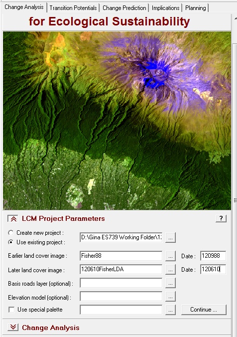 Screenshot of first Land Change Modeler Screen