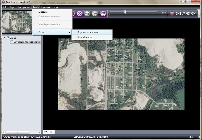 Screenshot of LizardTech interface for export of NAIP imagery
